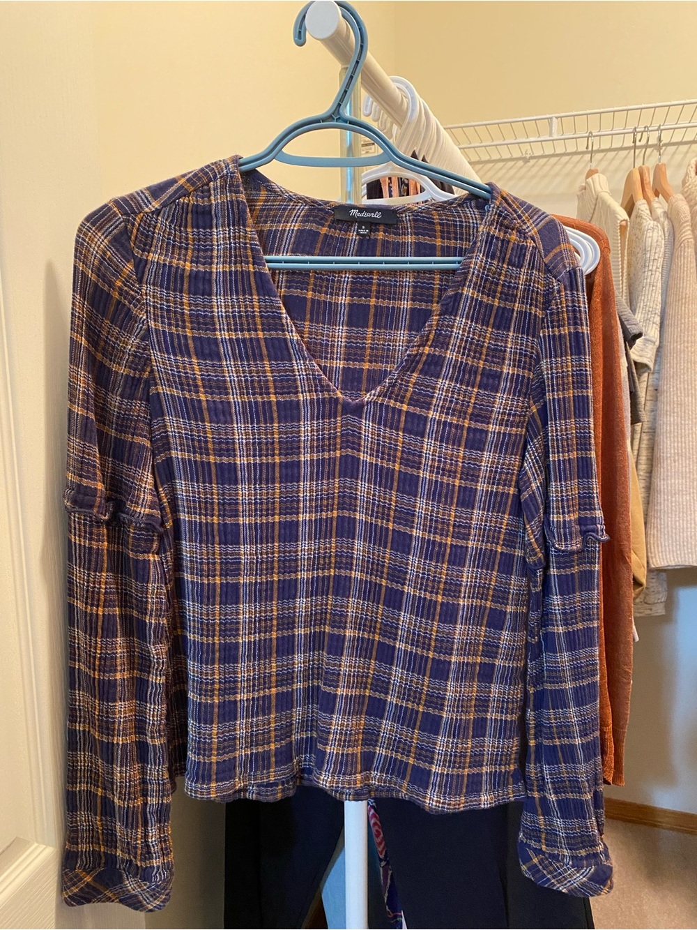 Madewell Blue Plaid V-Neck Long Sleeve Top